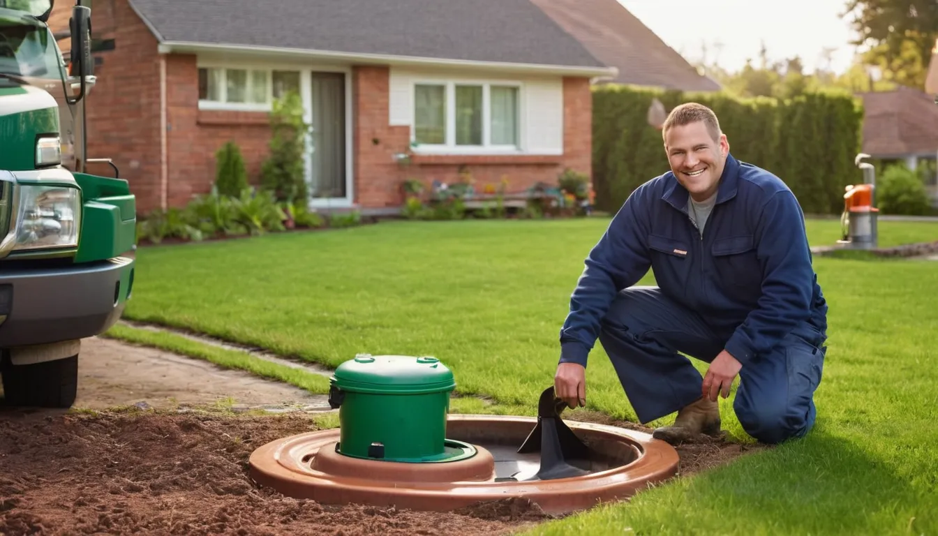 A friendly provider checking a septic tank lid in a tidy Atlanta backyard