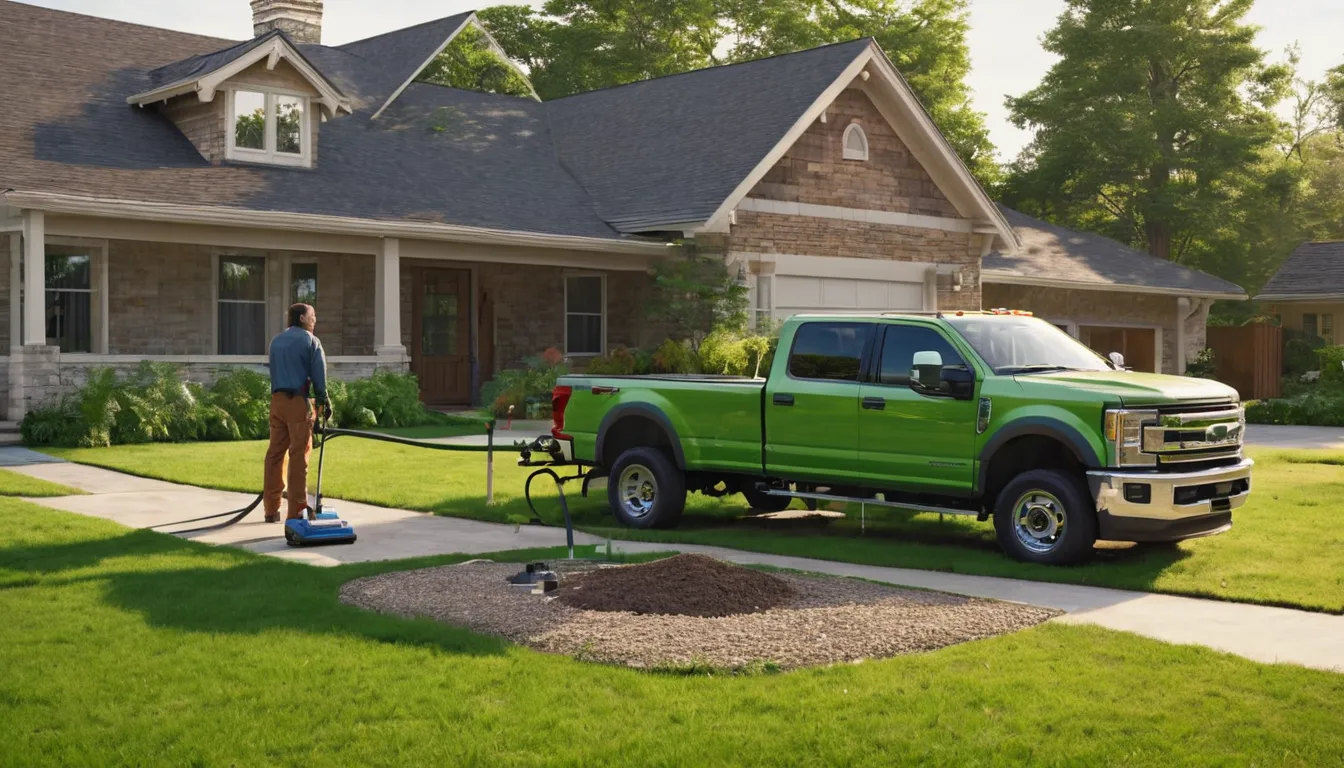 Septic tank pumping truck parked beside a Atlanta home while a provider checks the tank lid